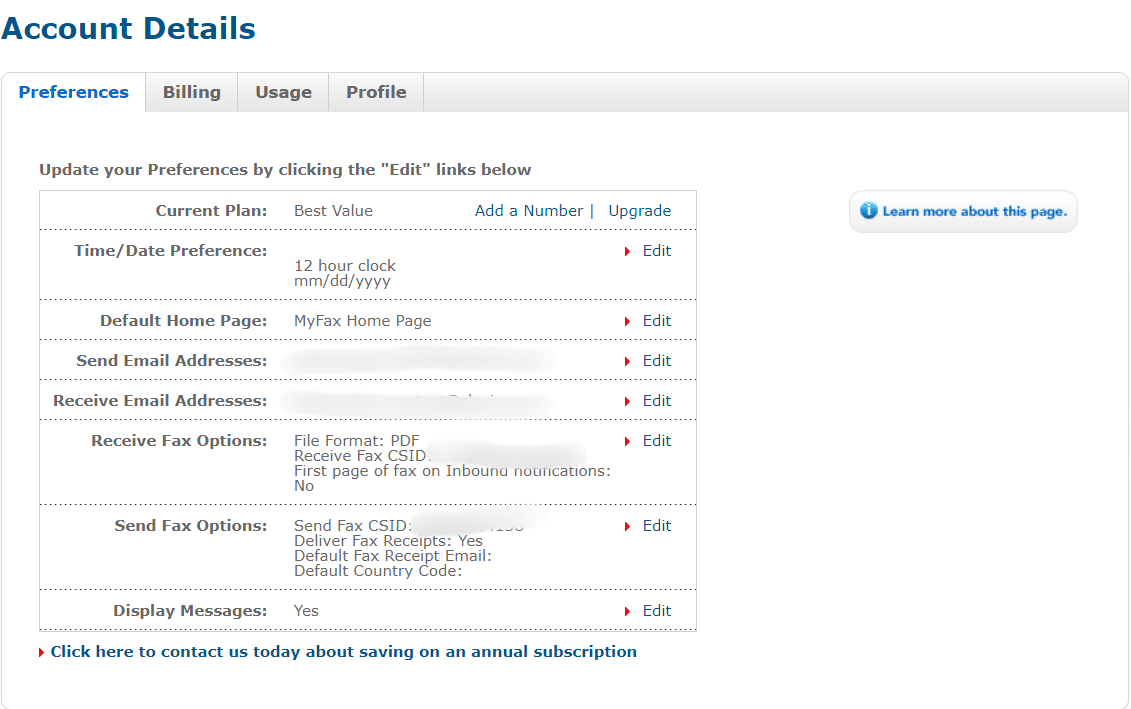 MyFax Account Preferences