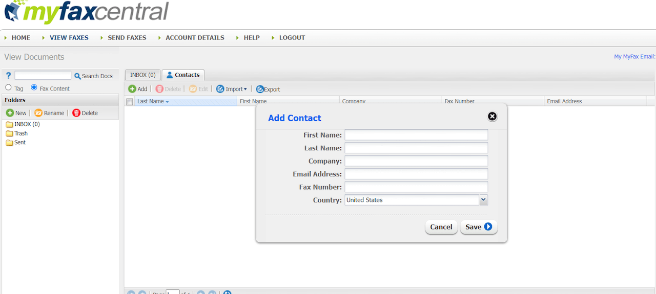 Myfax Create Contact