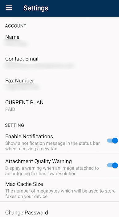MyFax Mobile Settings