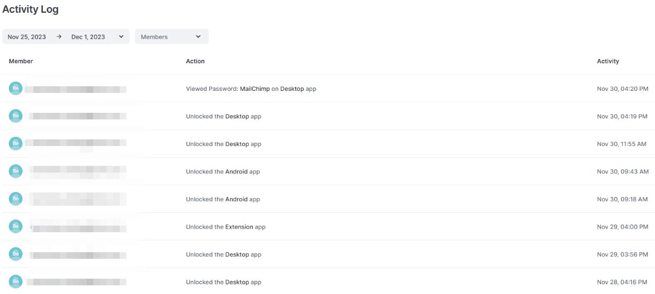 NordPass Business activity log