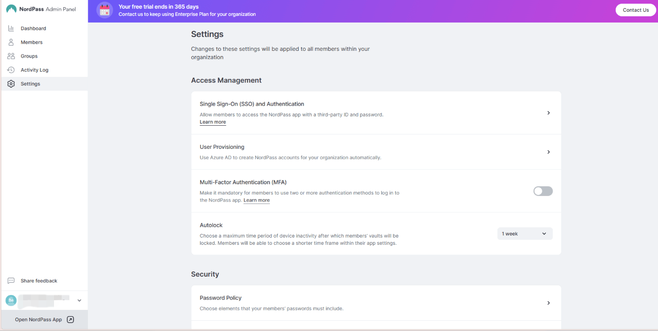 NordPass Business admin panel settings