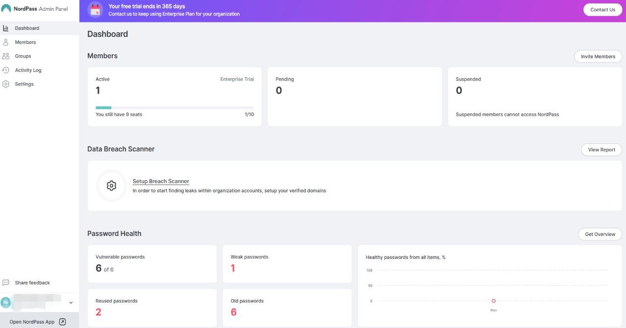 NordPass Business dashboard