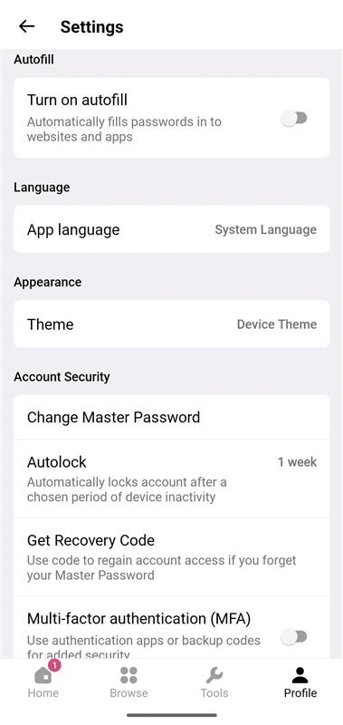 NordPass Business mobile settings