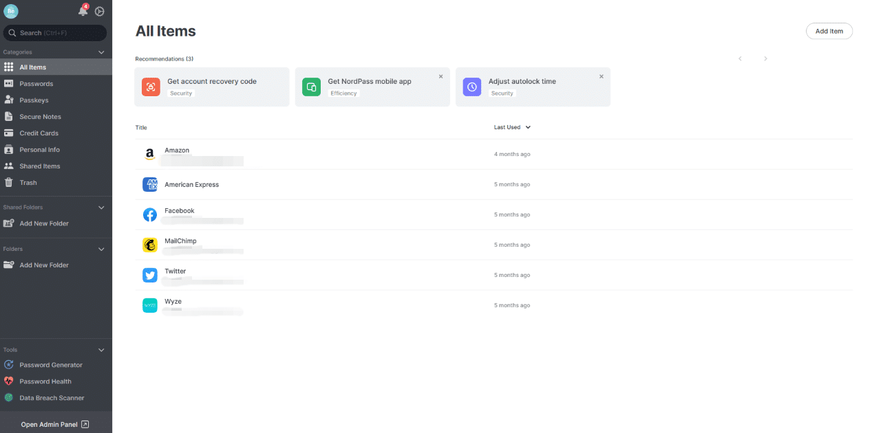 NordPass Business web vault