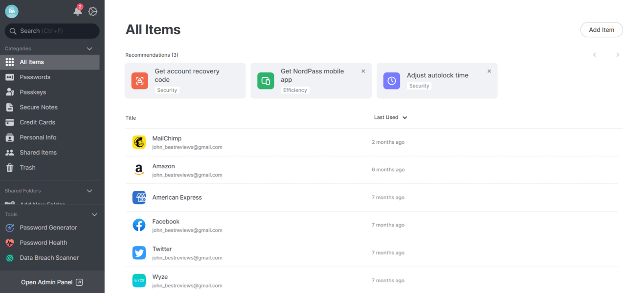 NordPass Personal interface