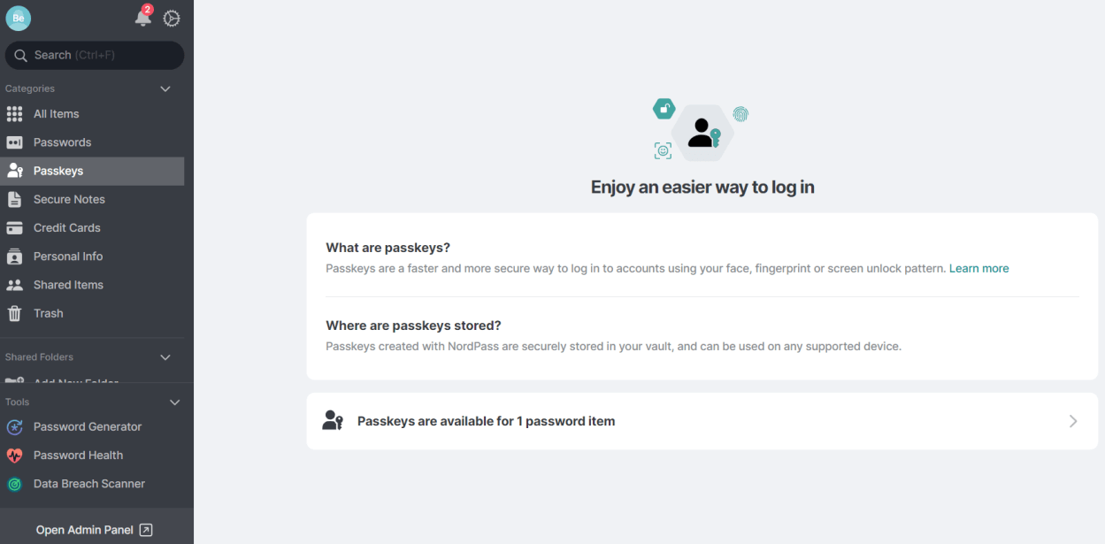NordPass Personal passkeys