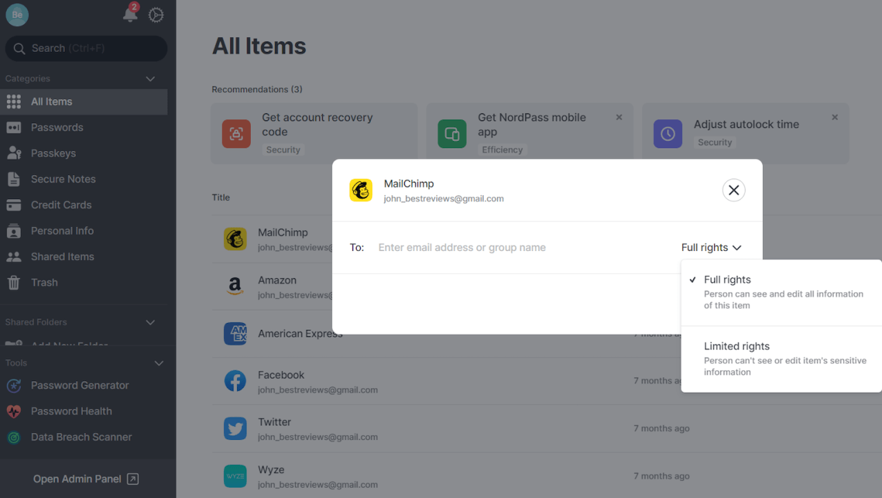 NordPass Personal password sharing