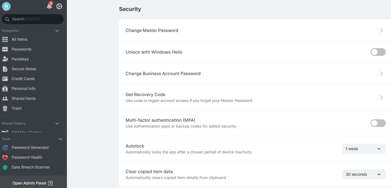 NordPass Personal settings