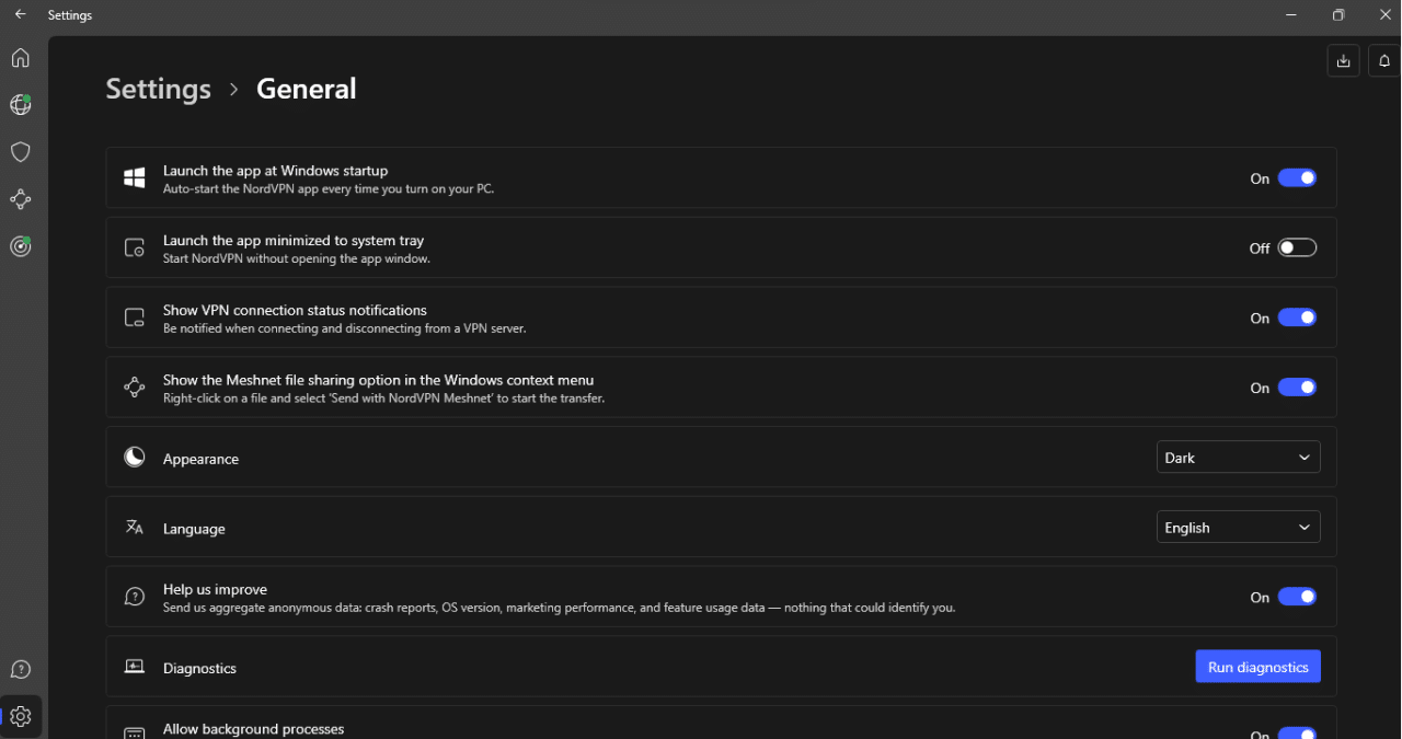 NordVPN general settings