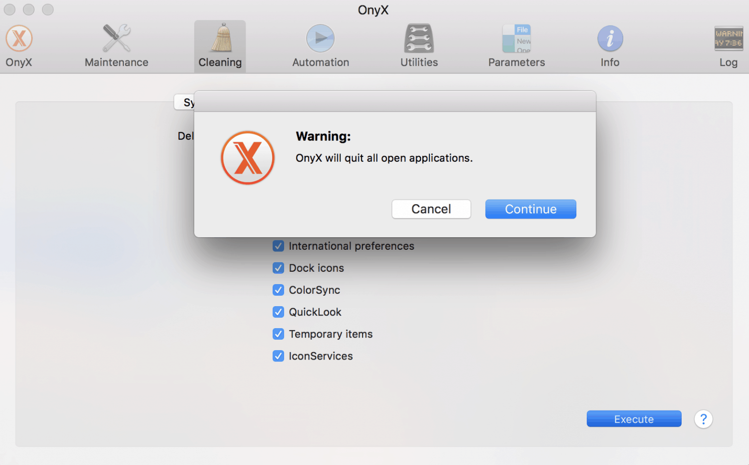 OnyX cleaning force quit