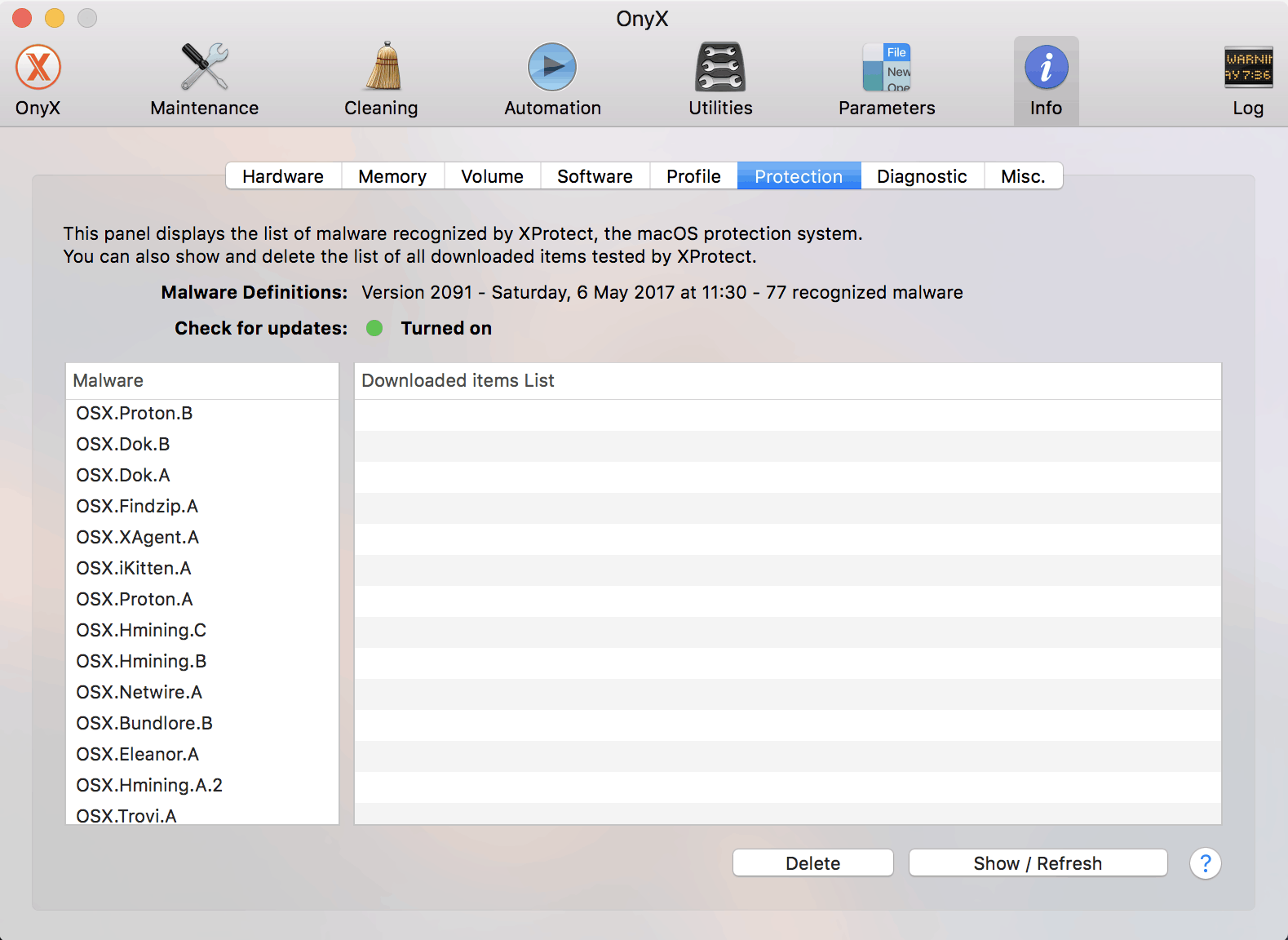 OnyX info malware list xprotect