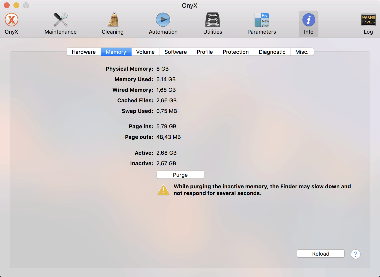 OnyX info memory purge function