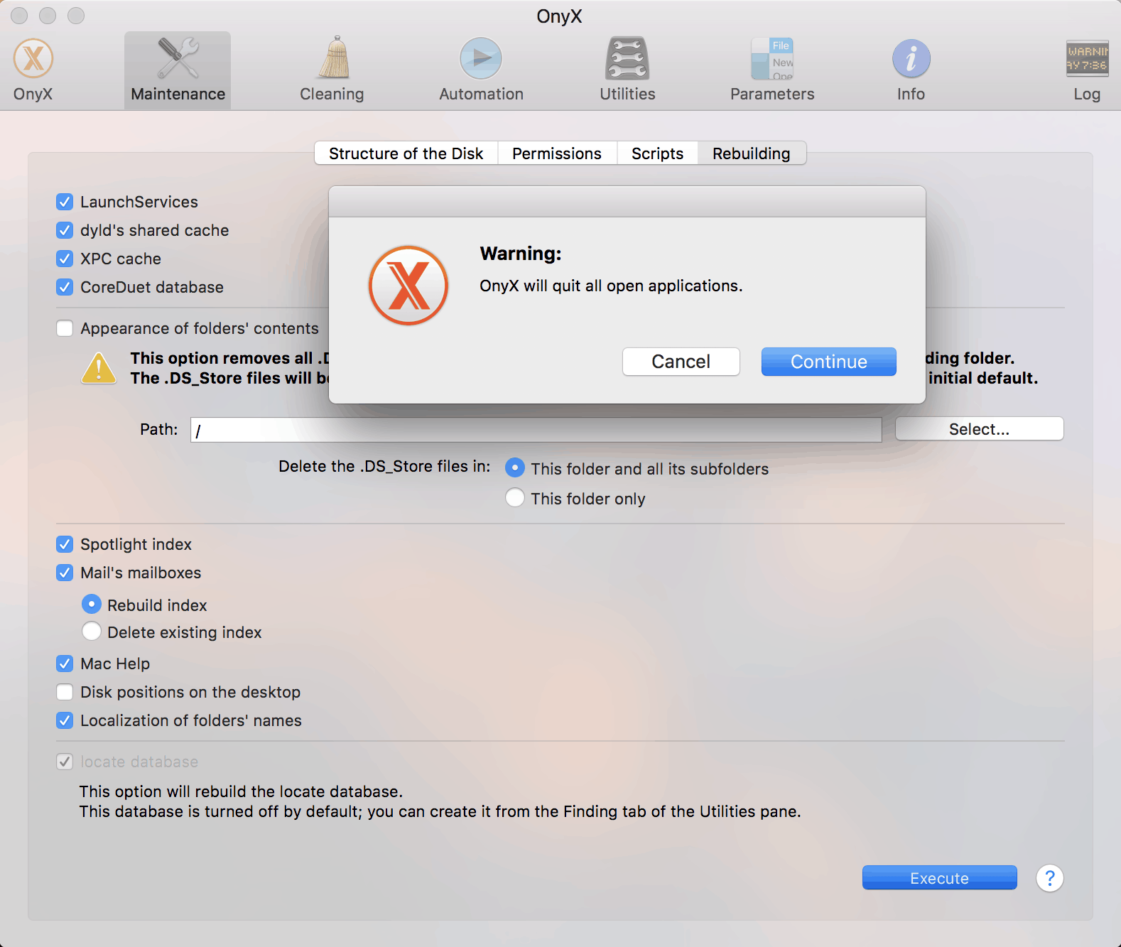OnyX maintenance task force quit apps