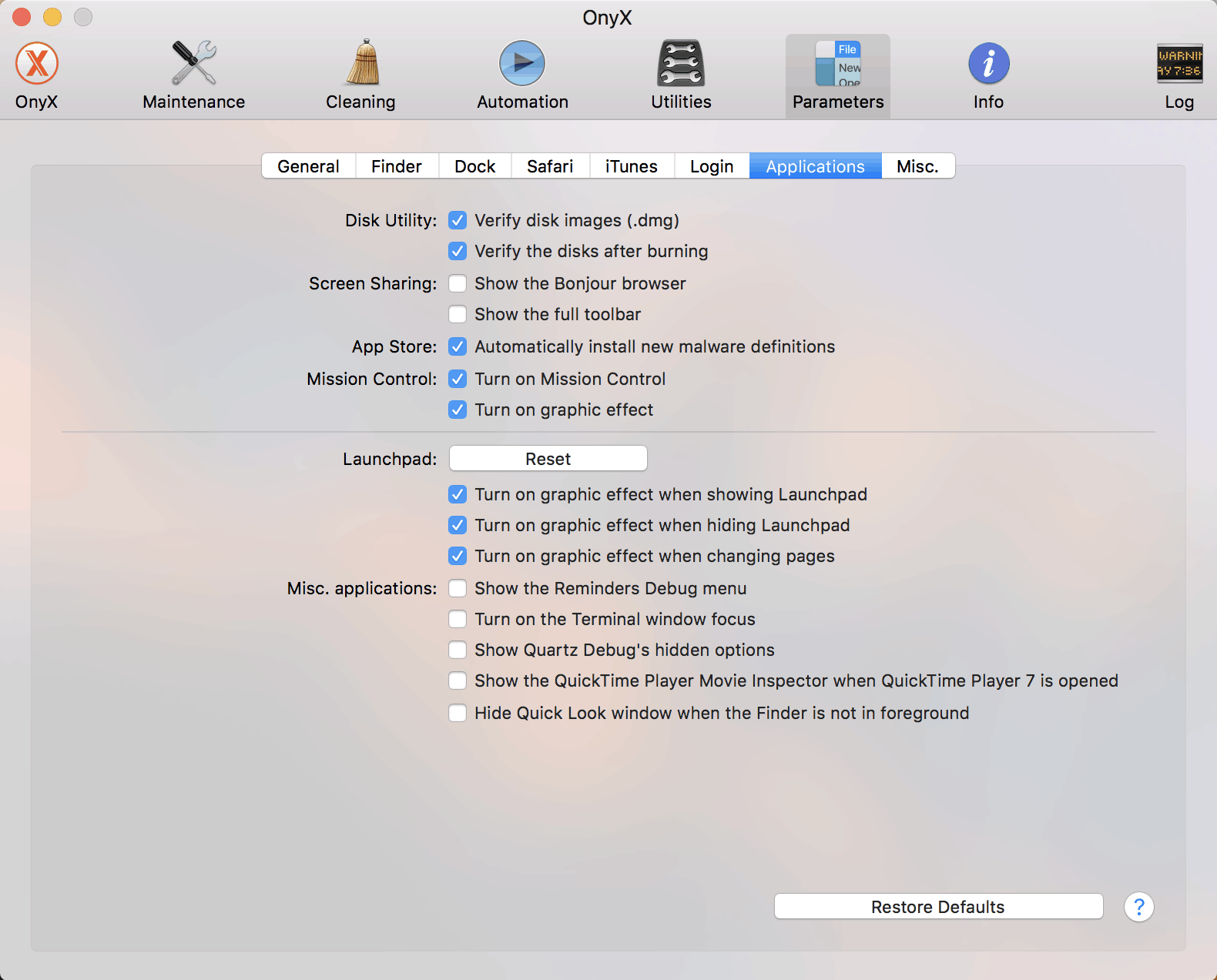 OnyX parameters apps setting preferences