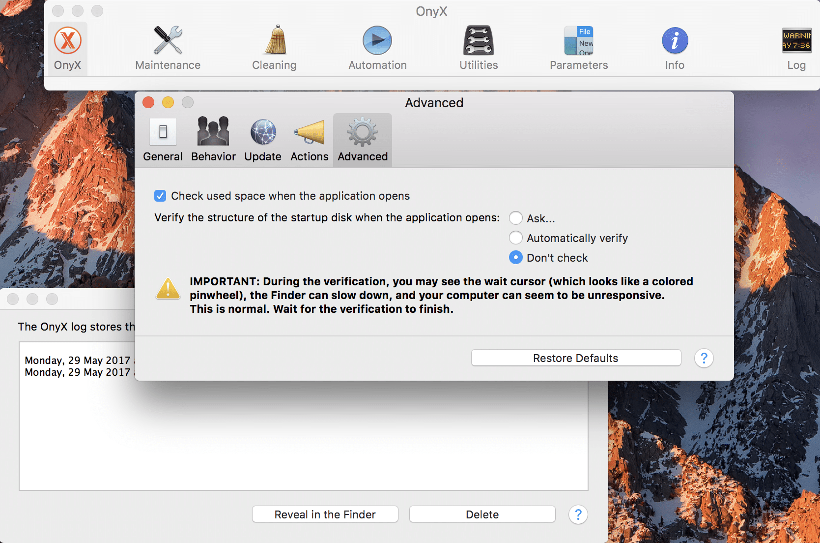 Preferences verify disk
