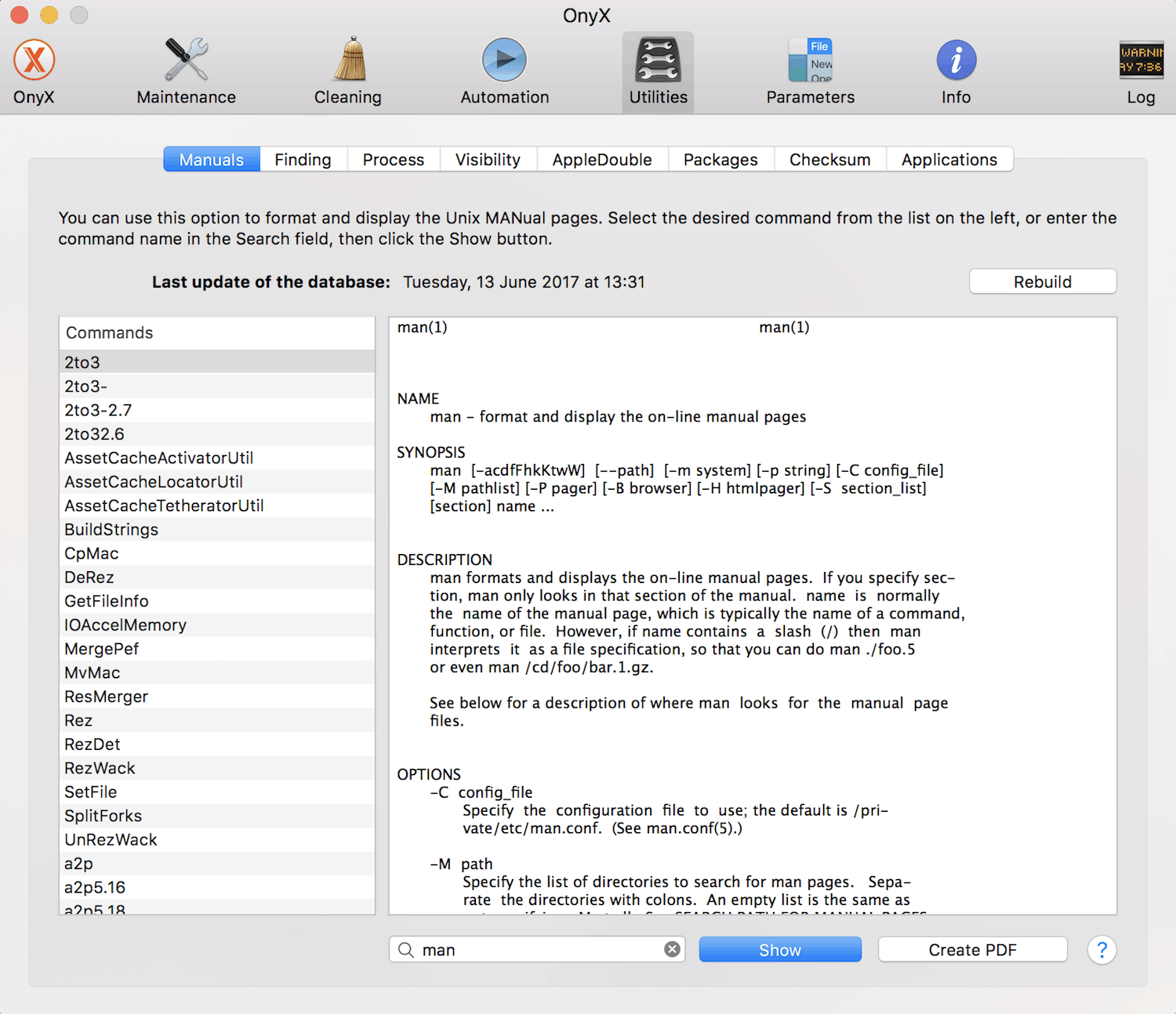 OnyX utilities main screen