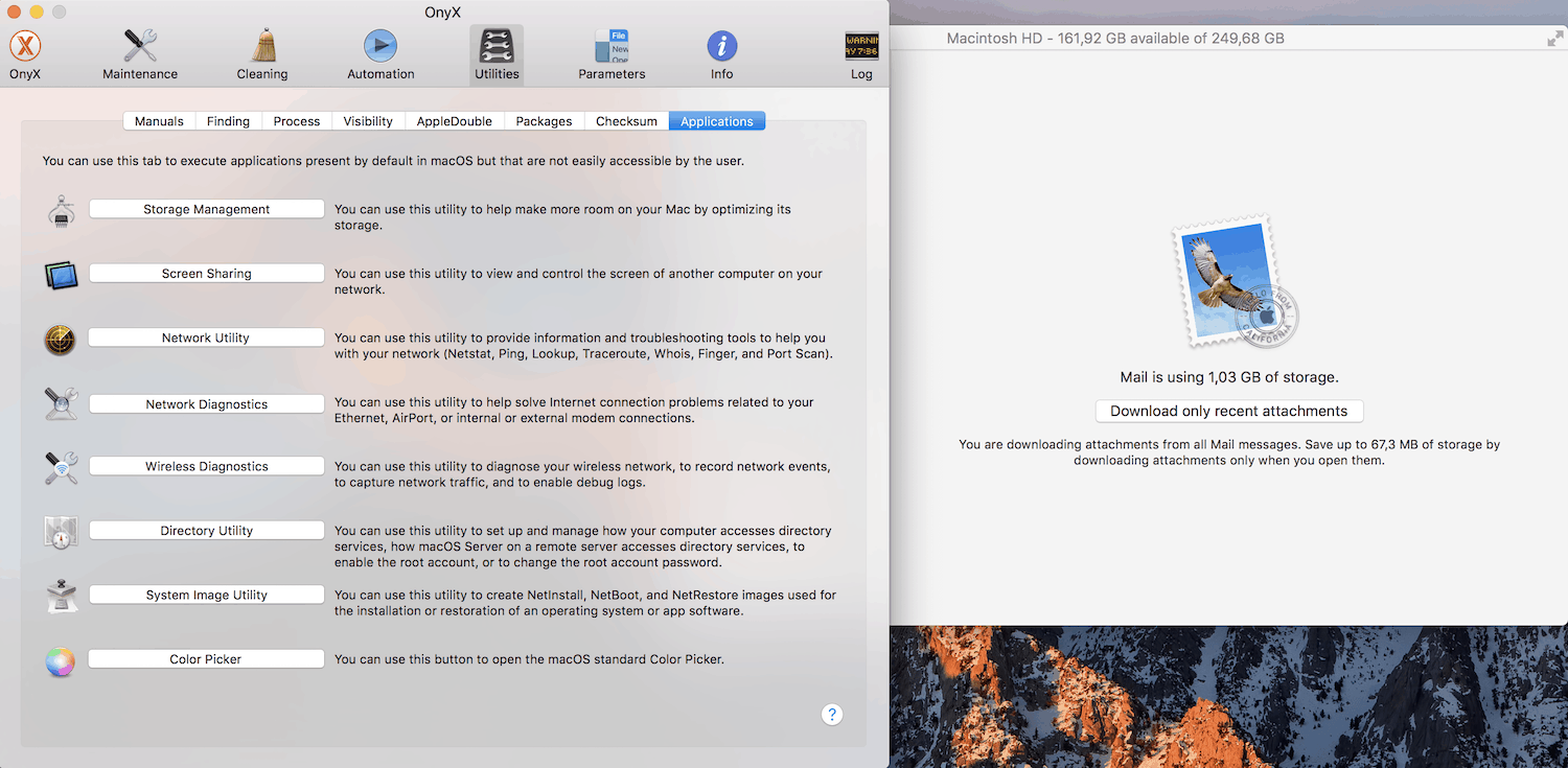 OnyX utilities pane applications mail