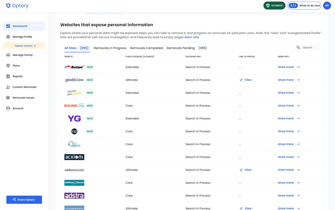 Optery dashboard data broker list
