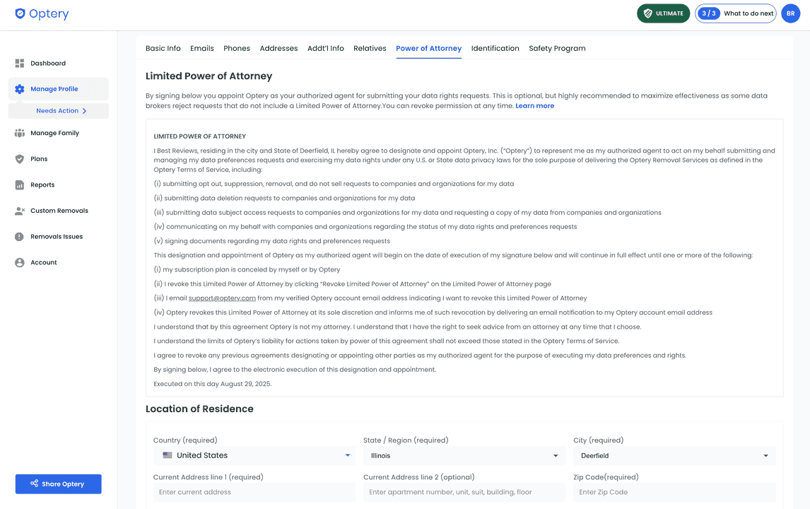 Optery limited power of attorney