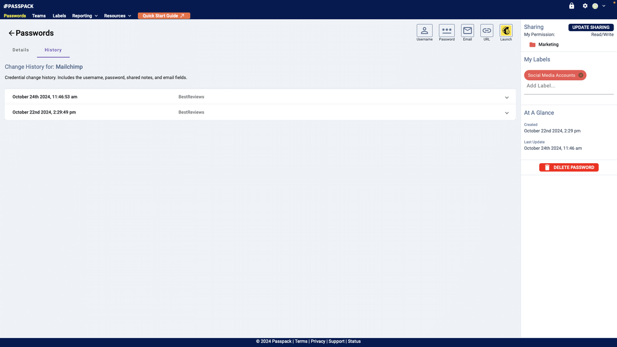 Passpack password change history