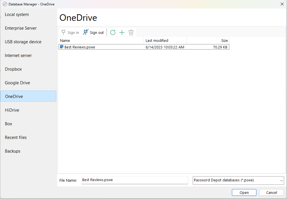 Password Depot database storage options