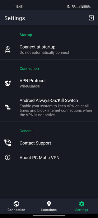 PC Matic VPN android settings