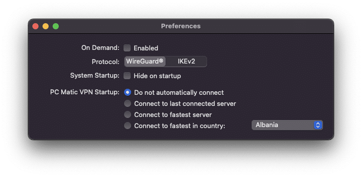 PC Matic VPN macOS settings