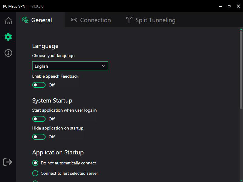 PC Matic VPN windows app general options