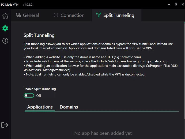 PC Matic VPN windows app split tunneling