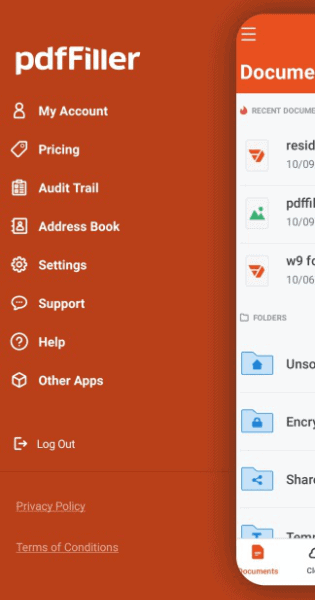 pdfFiller mobile app tabs