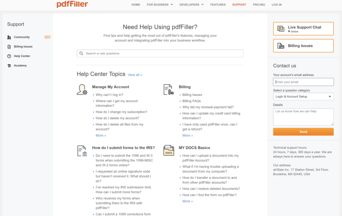pdfFiller support page