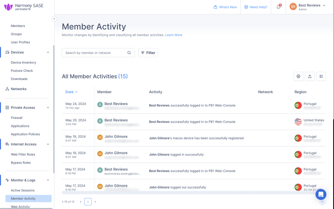 Perimeter 81 member activity logs
