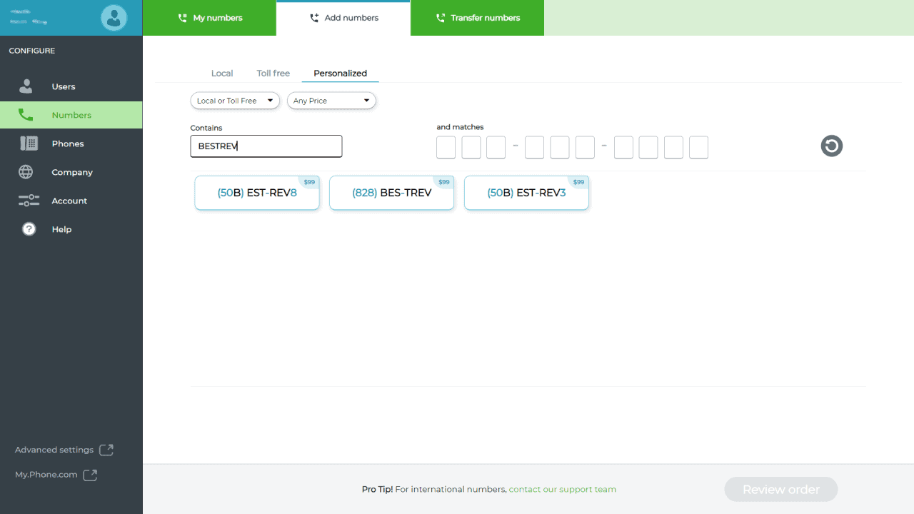 Phone.com add vanity number
