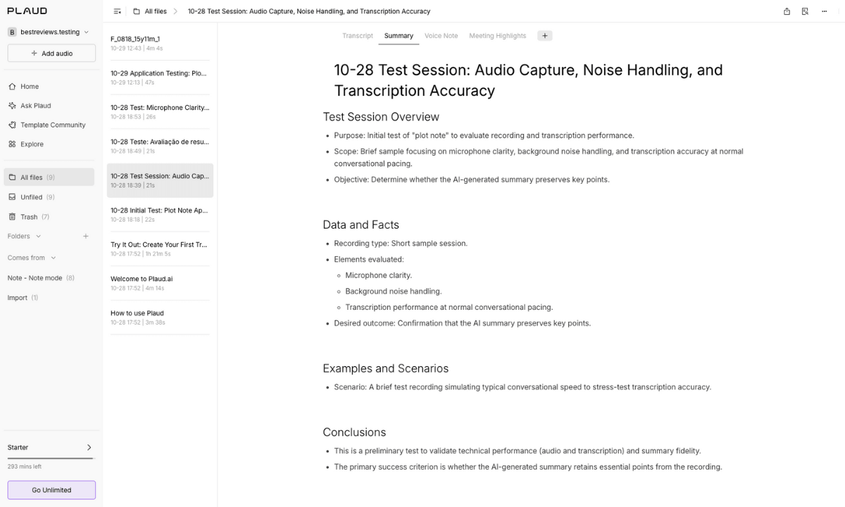 Plaud web app audio summary