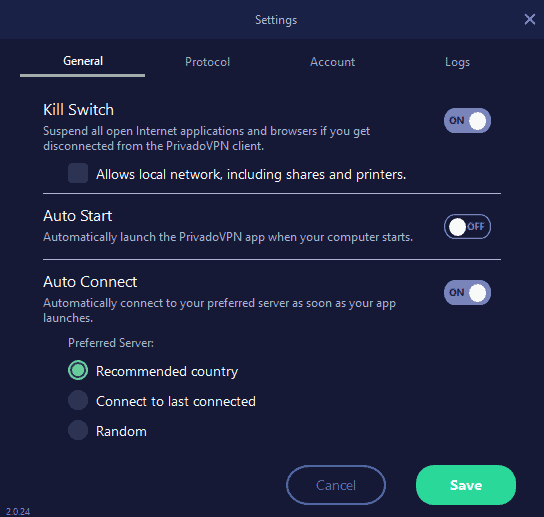 PrivadoVPN connection settings