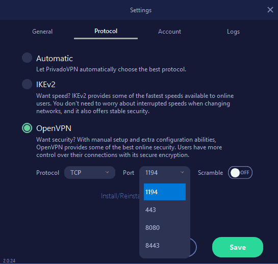 PrivadoVPN protocol settings