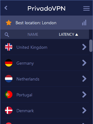 PrivadoVPN server list filtered by latency