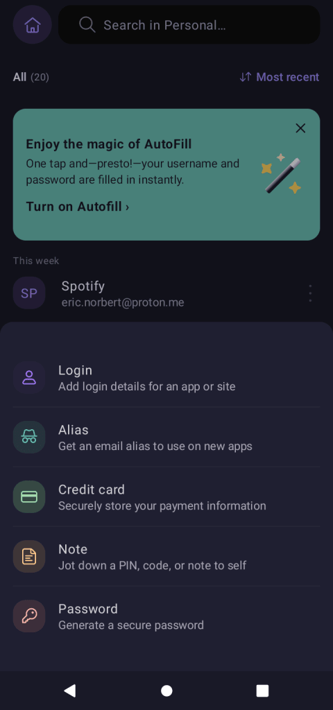 Proton Pass android new item