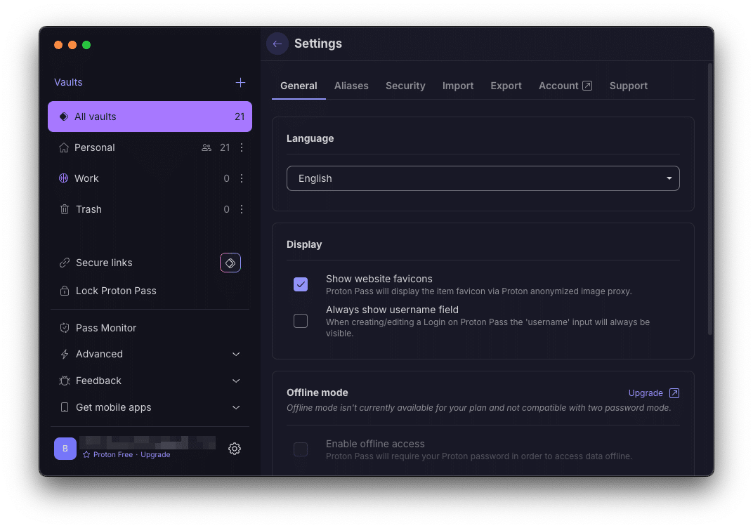 Proton Pass general settings