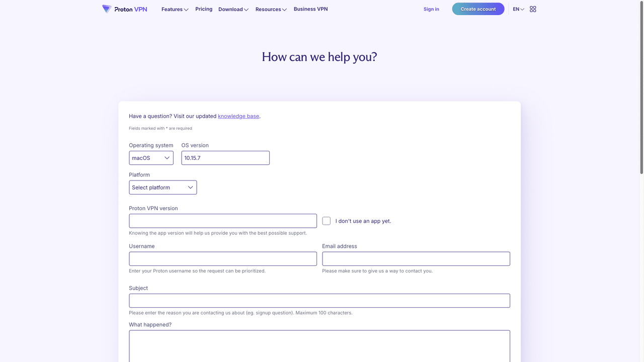 Proton VPN contact form