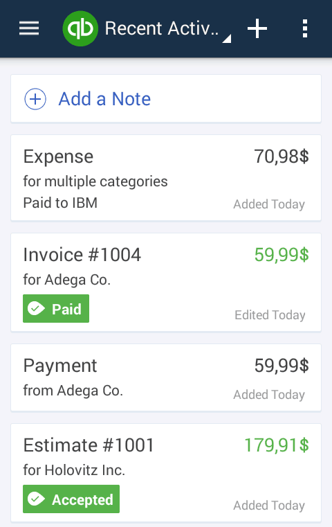 Dashboard of QuickBooks online app