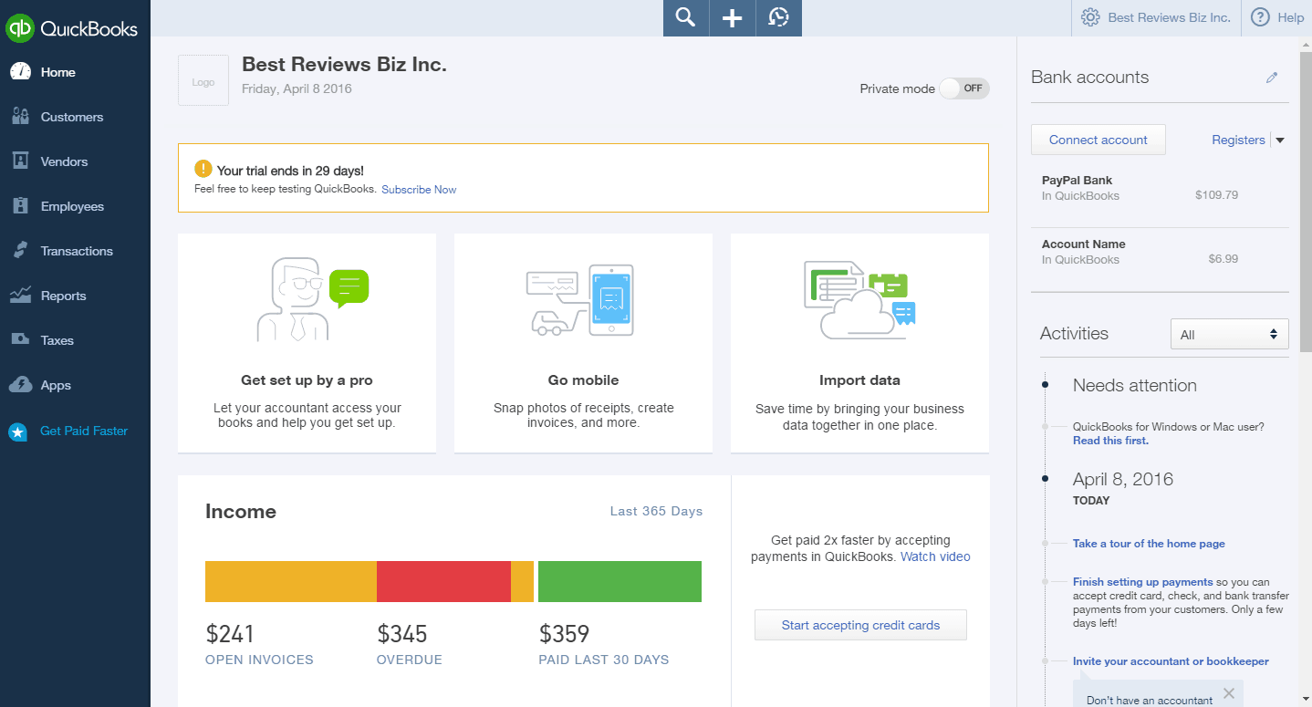 Dashboard of QuickBooks Online