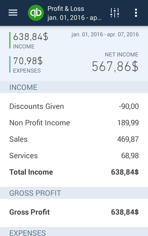 Prfoti and loss report in QuickBooks online app