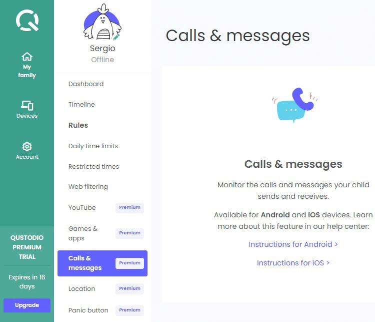 Qustodio SMS monitoring