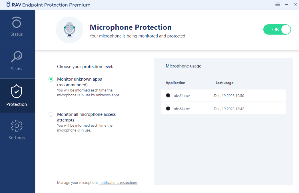 RAV Endpoint Protection microphone protection