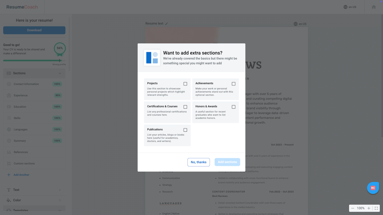 Resumecoach additional sections