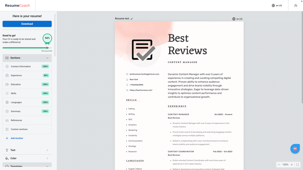 Resumecoach AI-powered resume score