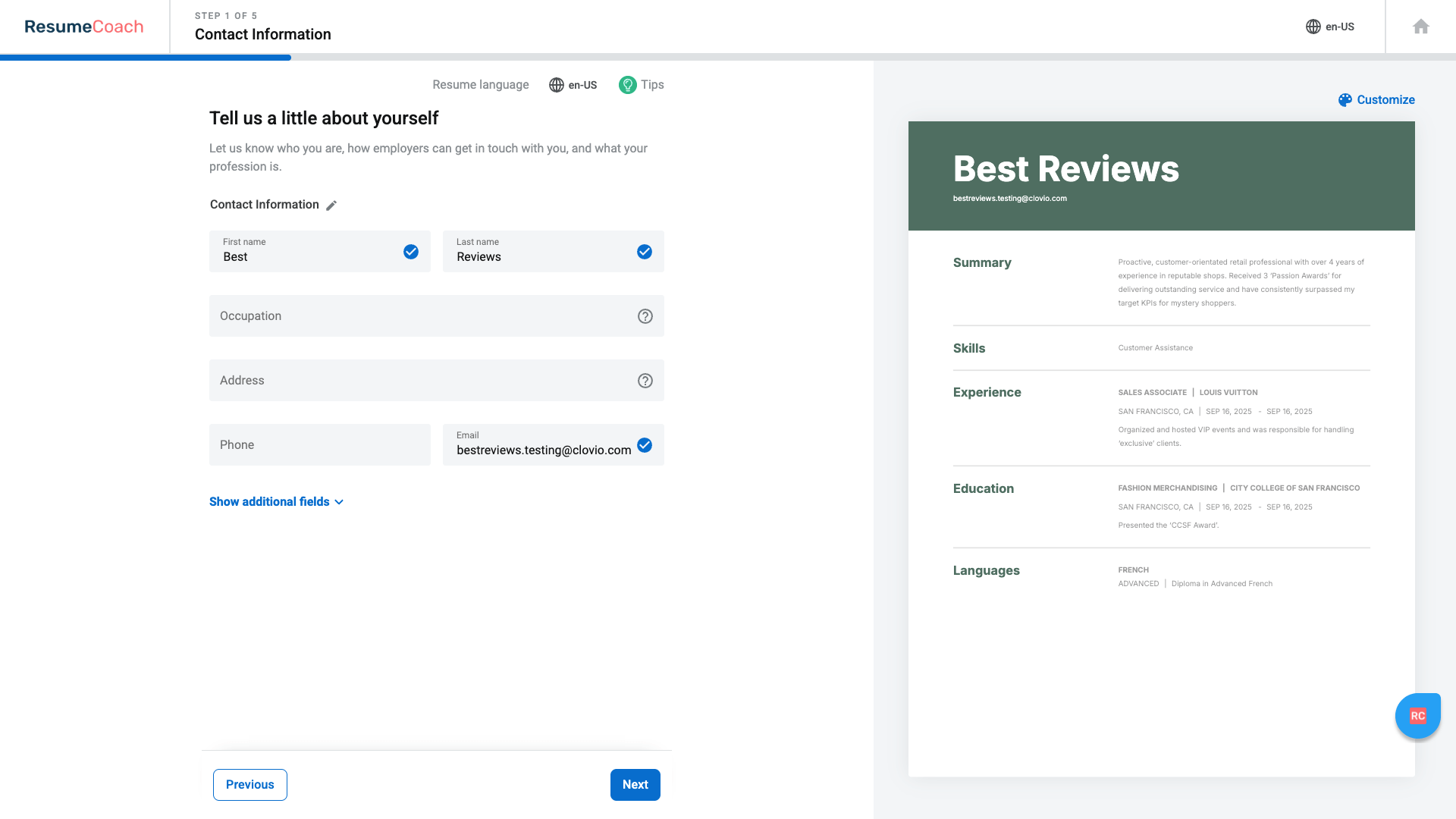 Adding contact information on Resumecoach