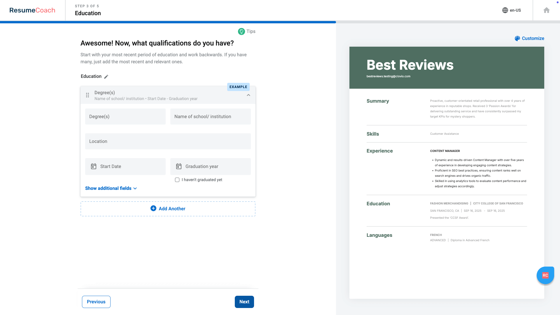 Adding education on Resumecoach