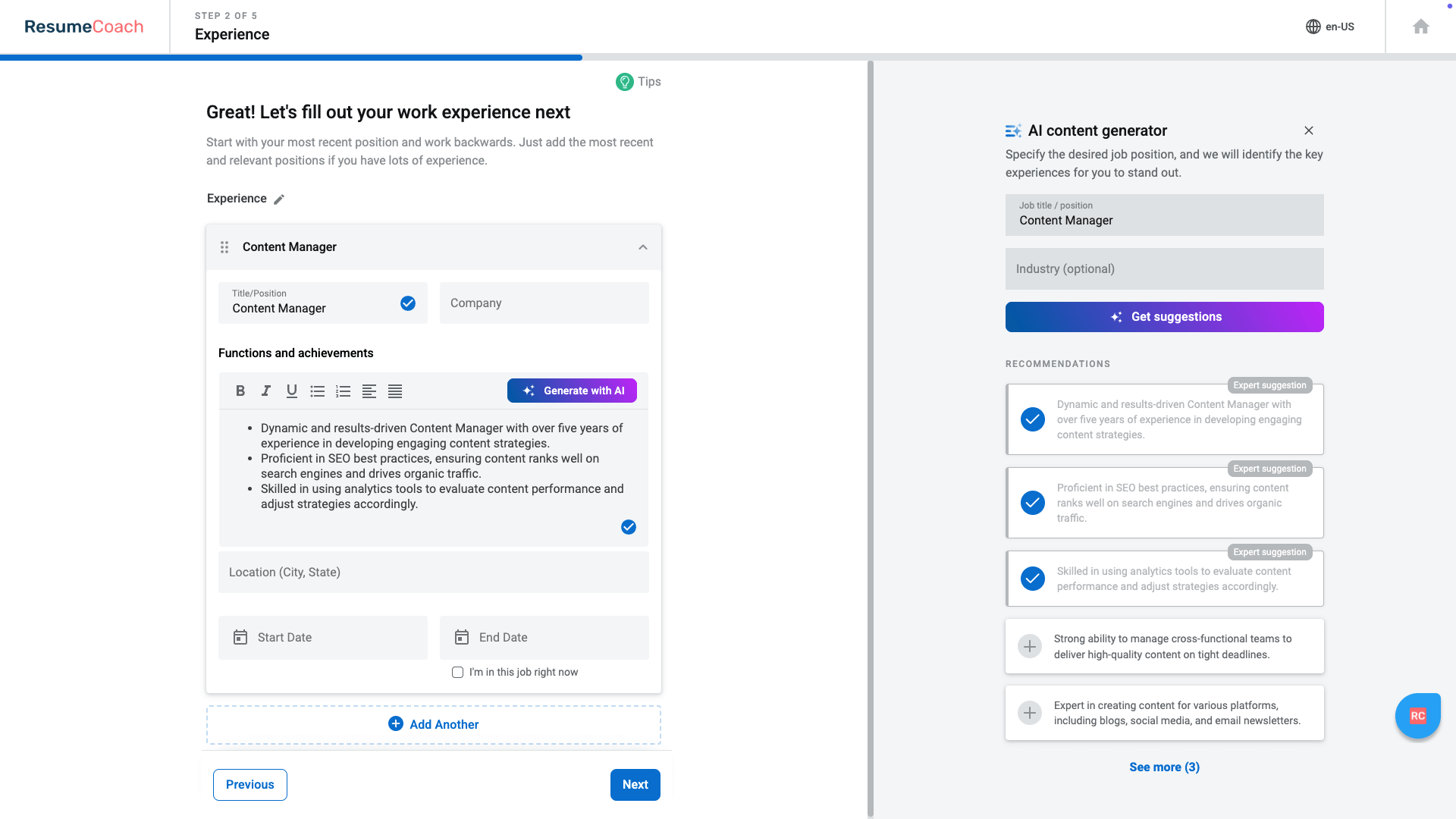 Adding career experience on Resumecoach